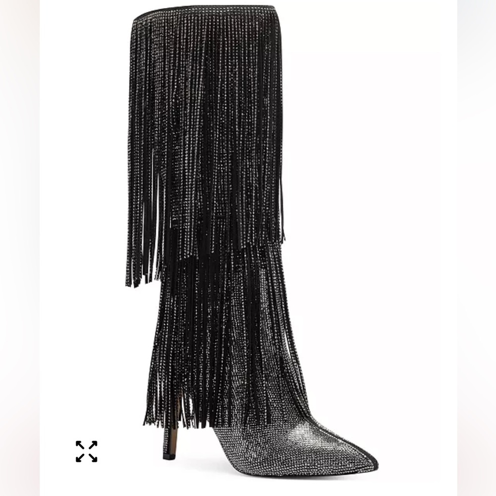 INC Inernatiinal Concepts Ishani Black/Rhinestone Fringe Tall Heeled Boots, sz 9
